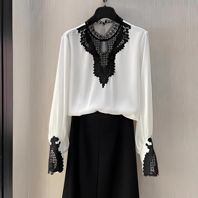 【商场同款】2025新款女装套头蕾丝拼接雪纺长袖衬衫女职业衬衣