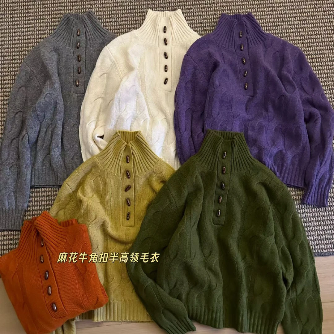 高领宽松型翻领针织常规款衫落肩袖极简风厚款女
