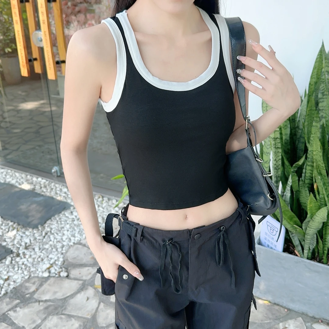 Ruizi/蕊姿2025辣妹ins吊带背心夏季外穿螺纹无袖肩带圆领