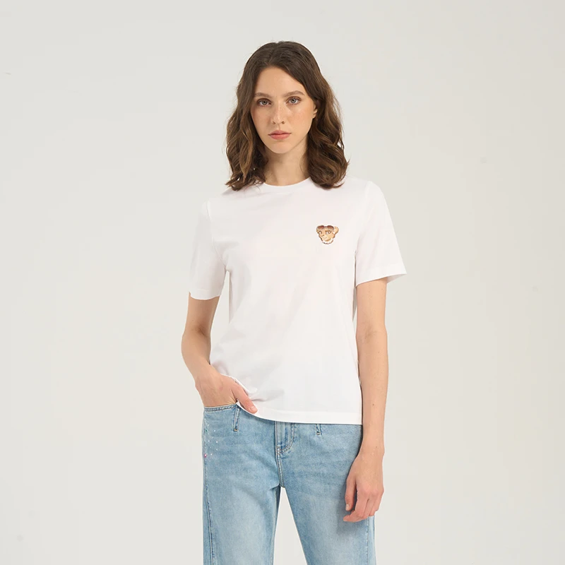 RARE威雅女装25夏款一款两色绣花狮子点缀夏季短袖T恤