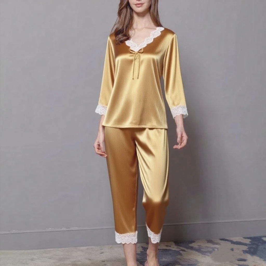 布碧丝【100桑蚕丝】家居服桑蚕丝女士V领蕾丝花边睡衣套装 PJW007