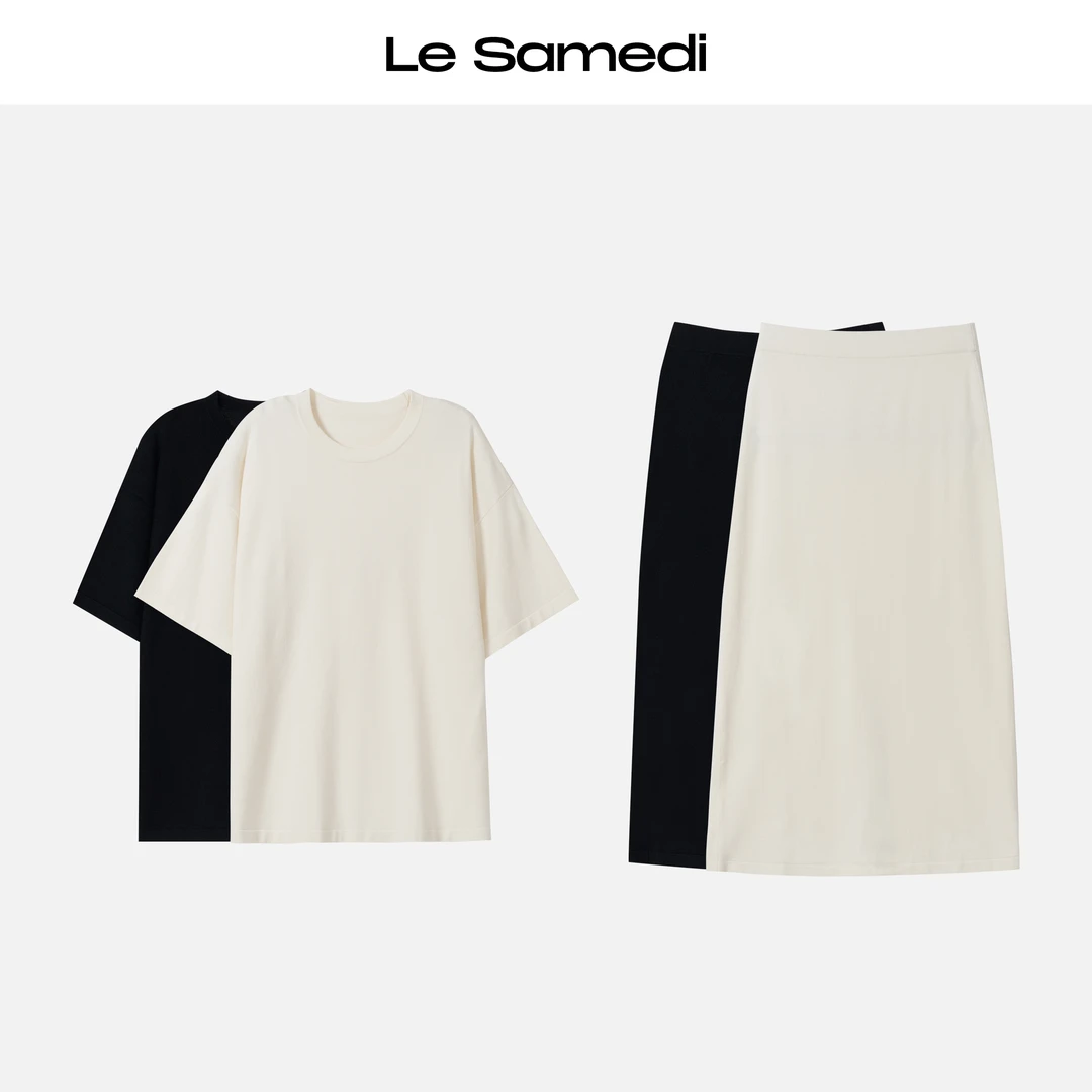 Le Samedi【自由空间】臻选康赛妮真丝羊绒细织宽松短袖/针织半身裙