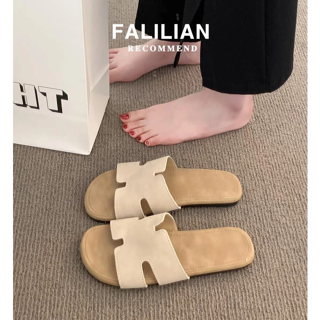 磨砂牛皮H一字拖真皮平跟H凉拖女百搭平底H凉拖鞋外穿H拖露趾拖鞋