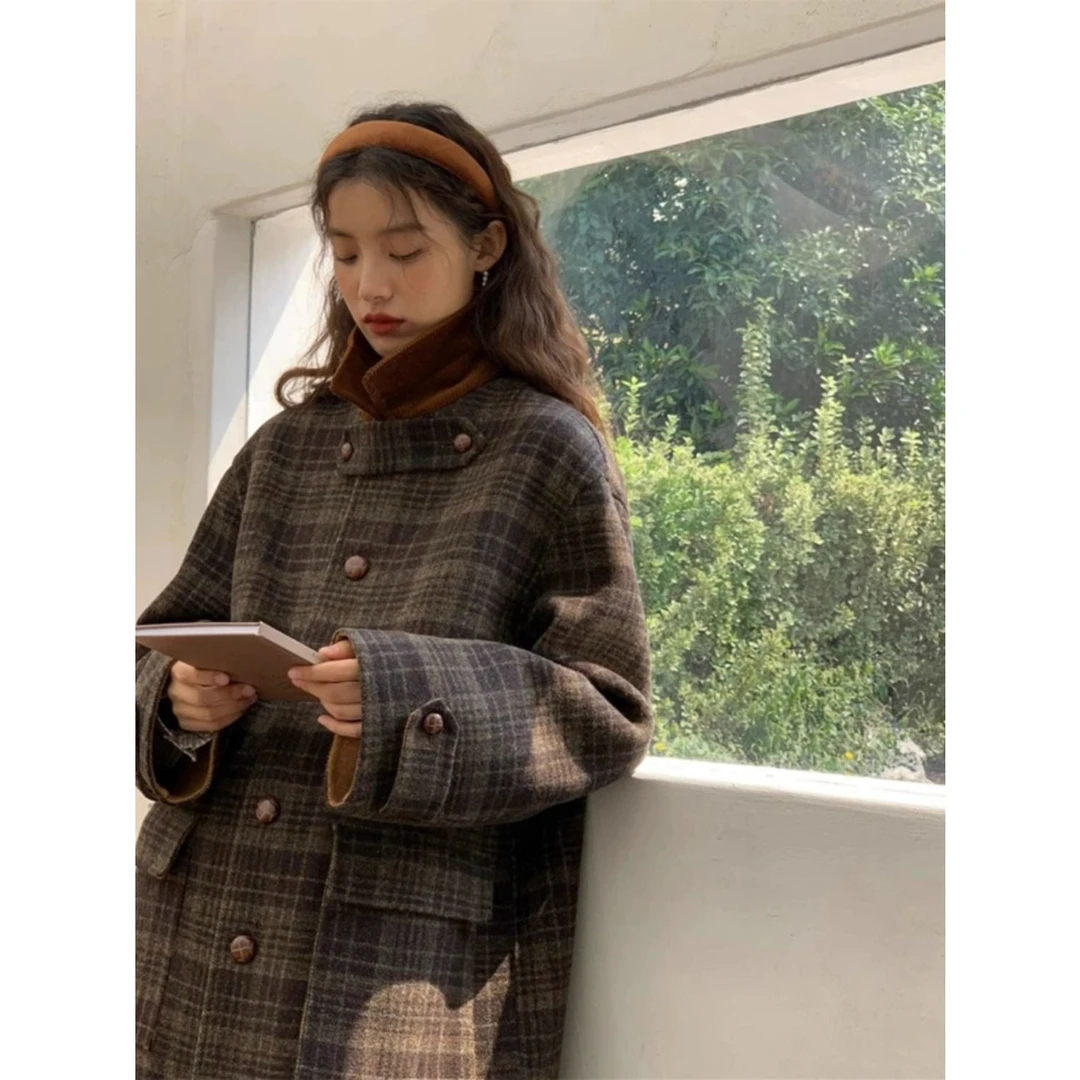 格子毛呢外套女2025新款重磅秋冬新款美拉德气质加厚呢子大衣潮