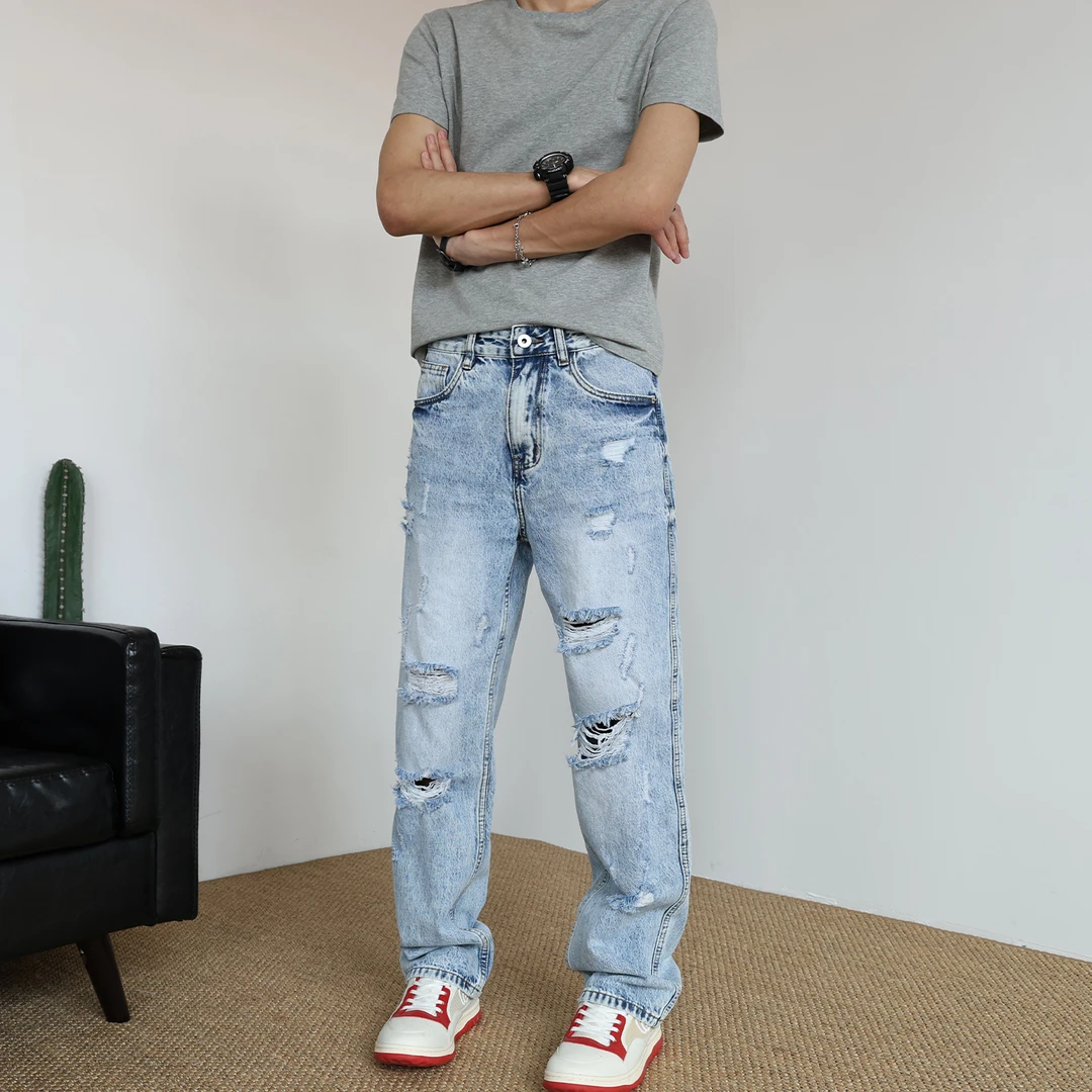 美式浅色直筒牛仔裤男生潮流时尚个性宽松破洞裤休闲百搭长裤男士