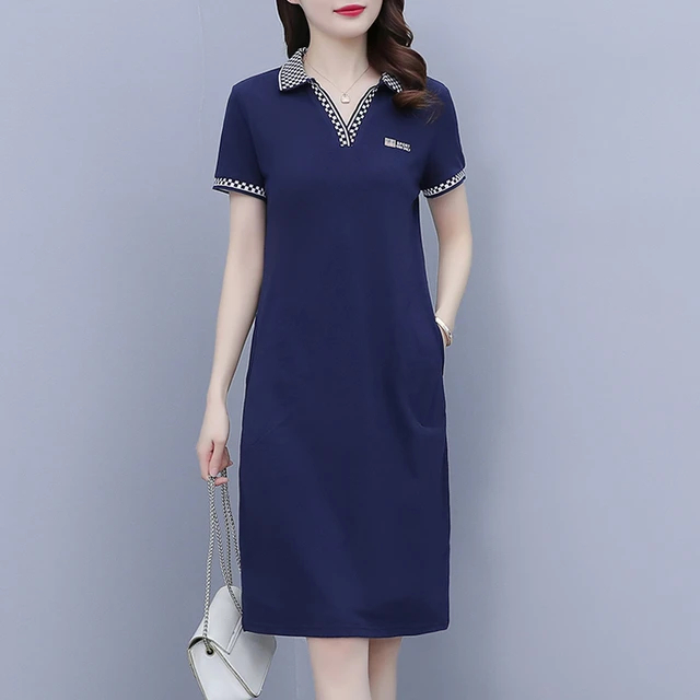 胖妹妹大码短袖t恤时尚休闲POLO领中长款连衣裙夏季遮肚潮流裙子
