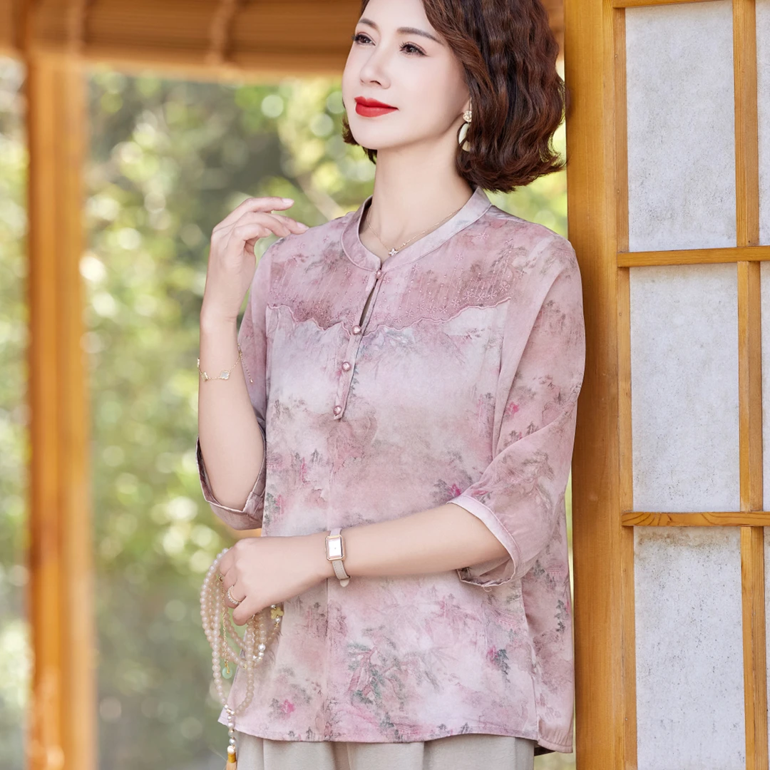 中老年女夏装洋气雪纺中袖上衣妈妈装春夏阔太太圆领衬衫薄款套装