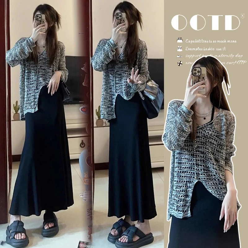 孕妇装春秋款2025新款镂空防晒衫中长款连衣裙休闲春夏季两件套装