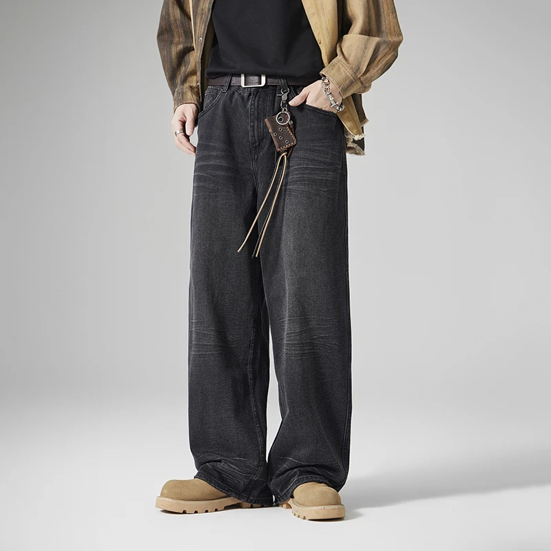 MANJUSTIC春季复古水洗男士牛仔裤设计感美式直筒宽松阔腿休闲裤