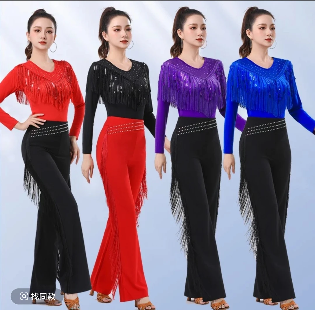 广场舞吉特巴拉丁舞服新款时尚流苏亮片圆领长袖小衫上衣女舞蹈