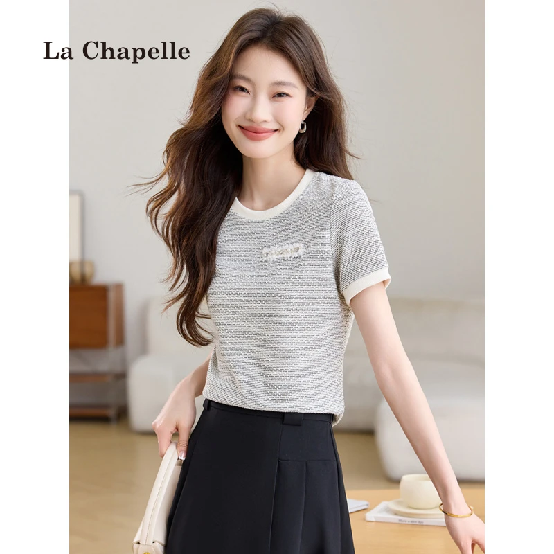 拉夏贝尔针织短袖T桖女夏季2025新款撞色圆领宽松独特小香风上衣