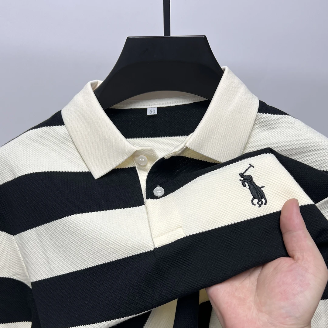 VIATEMSIARY春秋新款条纹长袖t恤男士商务休闲刺绣翻领保罗POLO衫