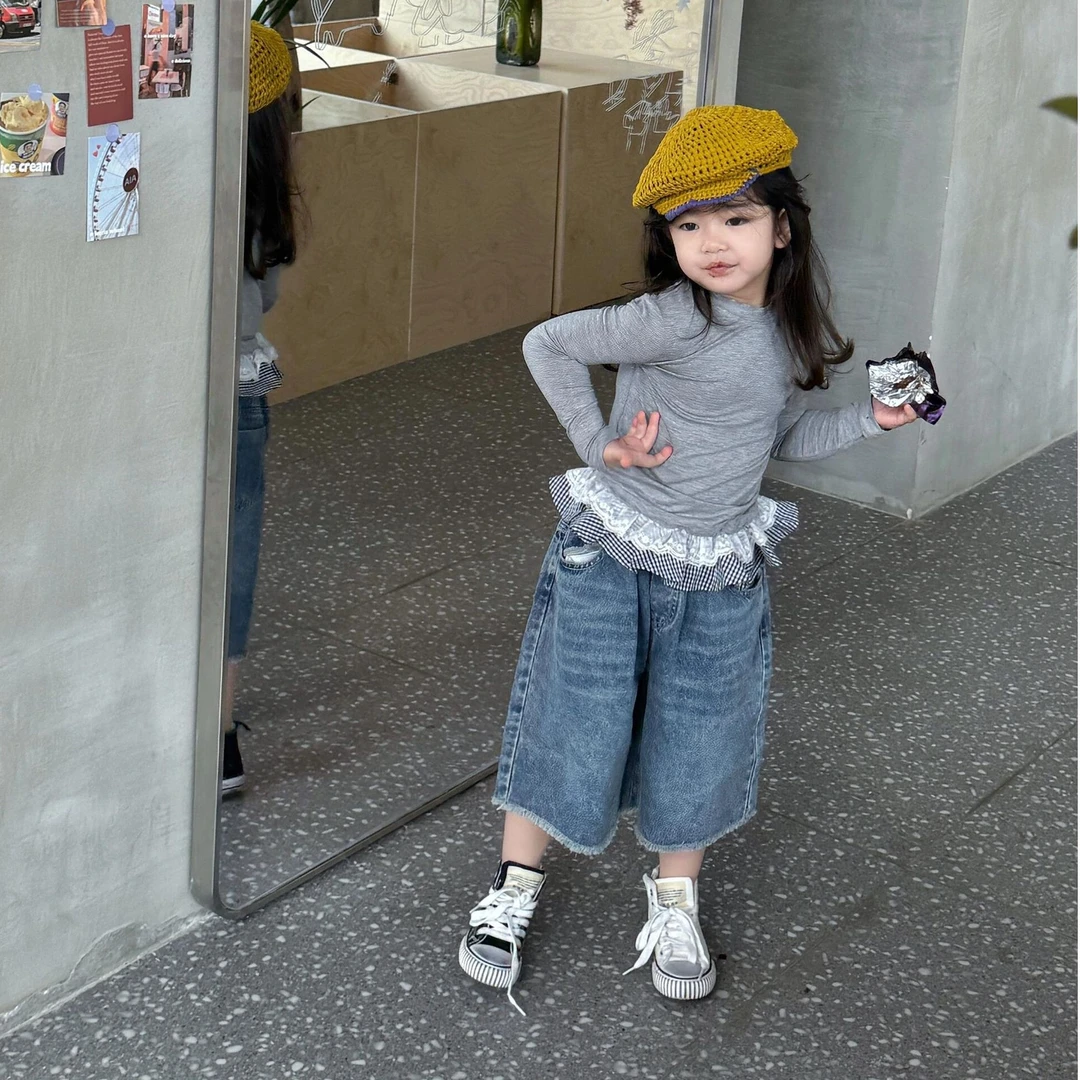 《甜小七》韩版女童2025年春季新款灰色长袖蛋糕裙摆上衣牛仔裤套装