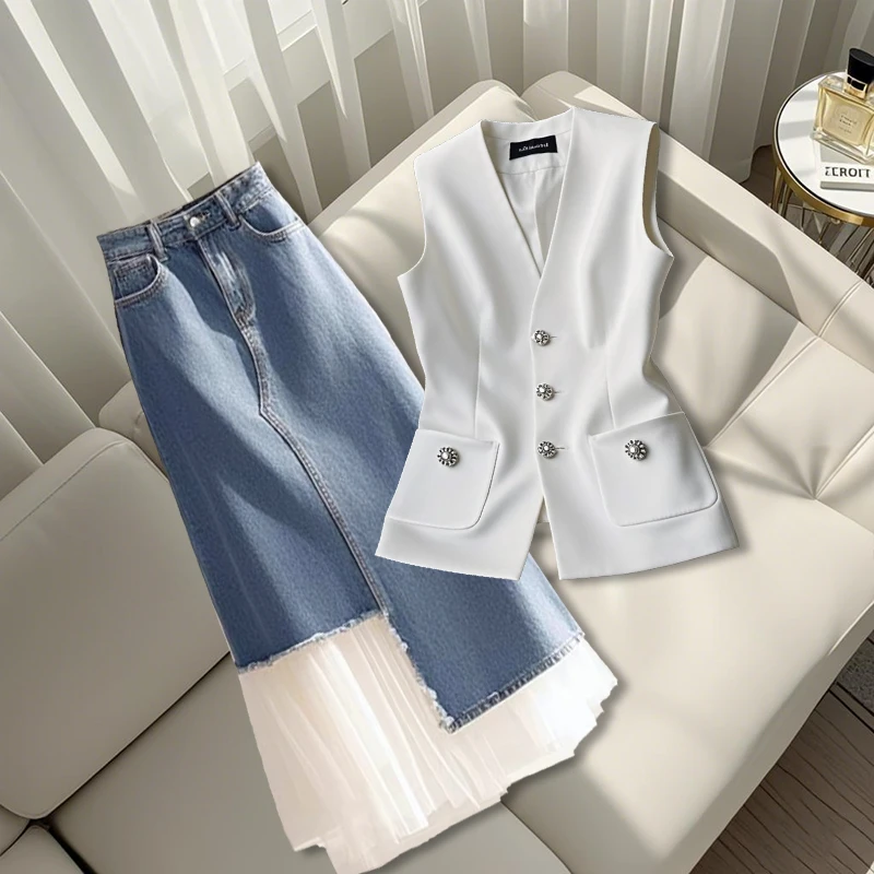 2025夏季新款洋气休闲装时尚百搭气质显瘦马甲高腰设计感半身裙子