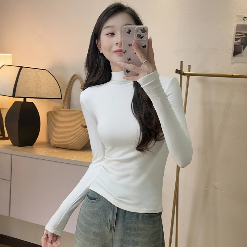 米白洋气高级感上衣t恤女收腰显瘦内搭修身打底衫2025早秋上衣