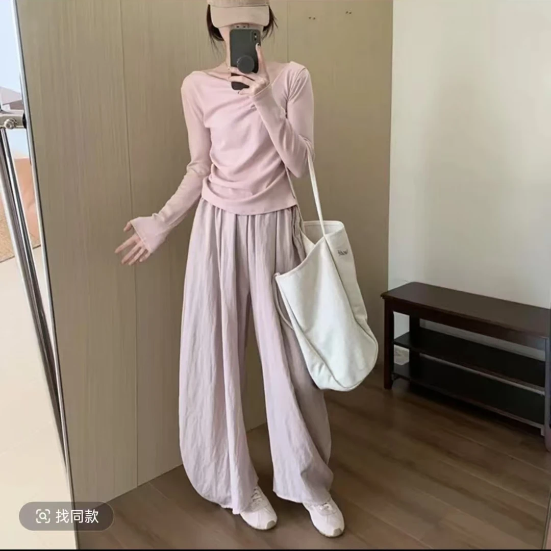 【现货现发】豆荚裤女士夏季薄款垂感阔腿裤高腰百搭宽松显瘦纯色