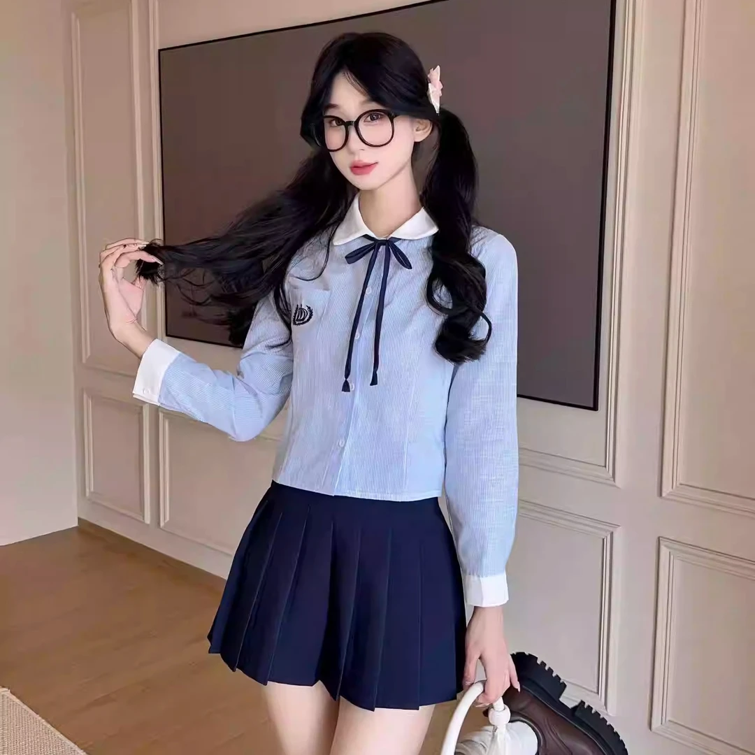 蓝色学院风长袖衬衫百褶裙套装女高级感jk上衣短裙欧若风夏季新款
