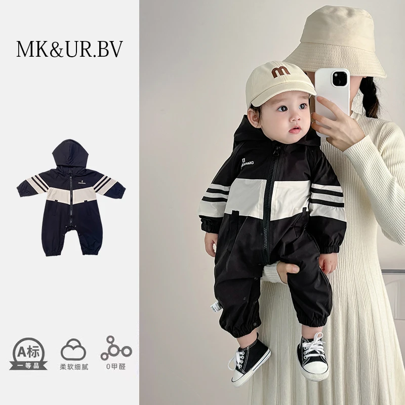 MK&UR.BV婴儿衣服字母冲锋衣连体衣秋季装款男宝宝哈衣外出服穿搭