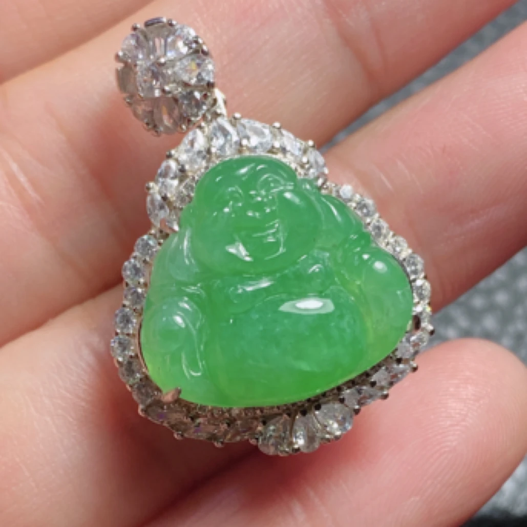 缅料天然A货翡翠冰绿佛公吊坠（尺寸33*23.5*12）气质绿色挂坠