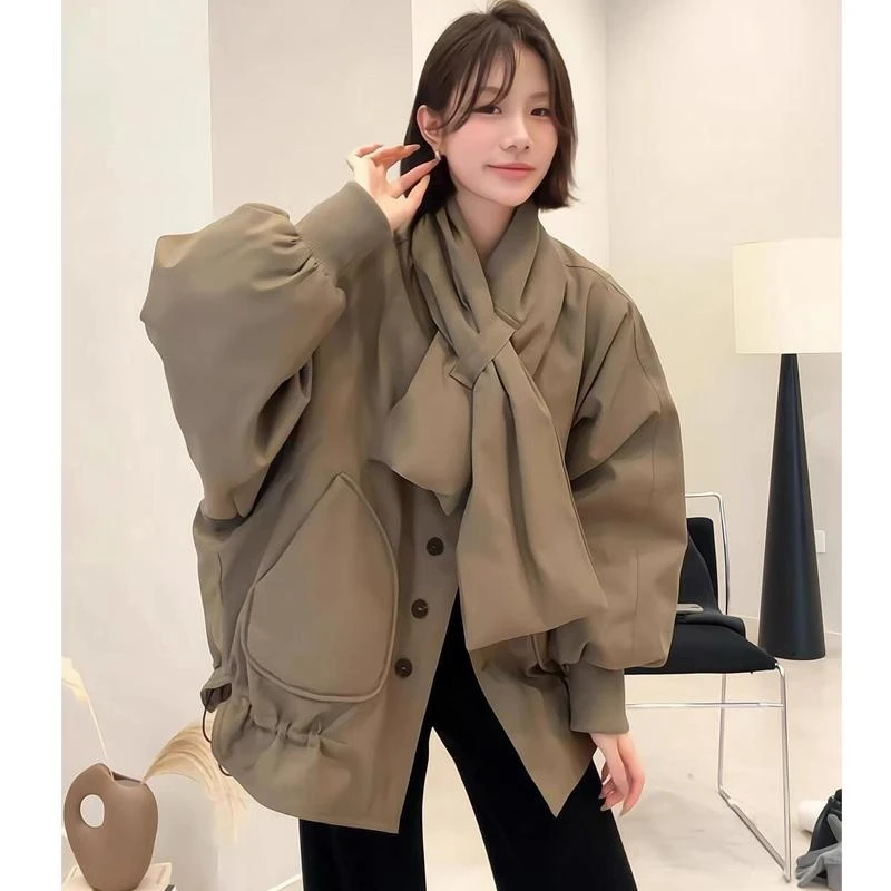 2025围巾款派克服休闲收腰显瘦保暖外套女气质港风百搭ins复古女.