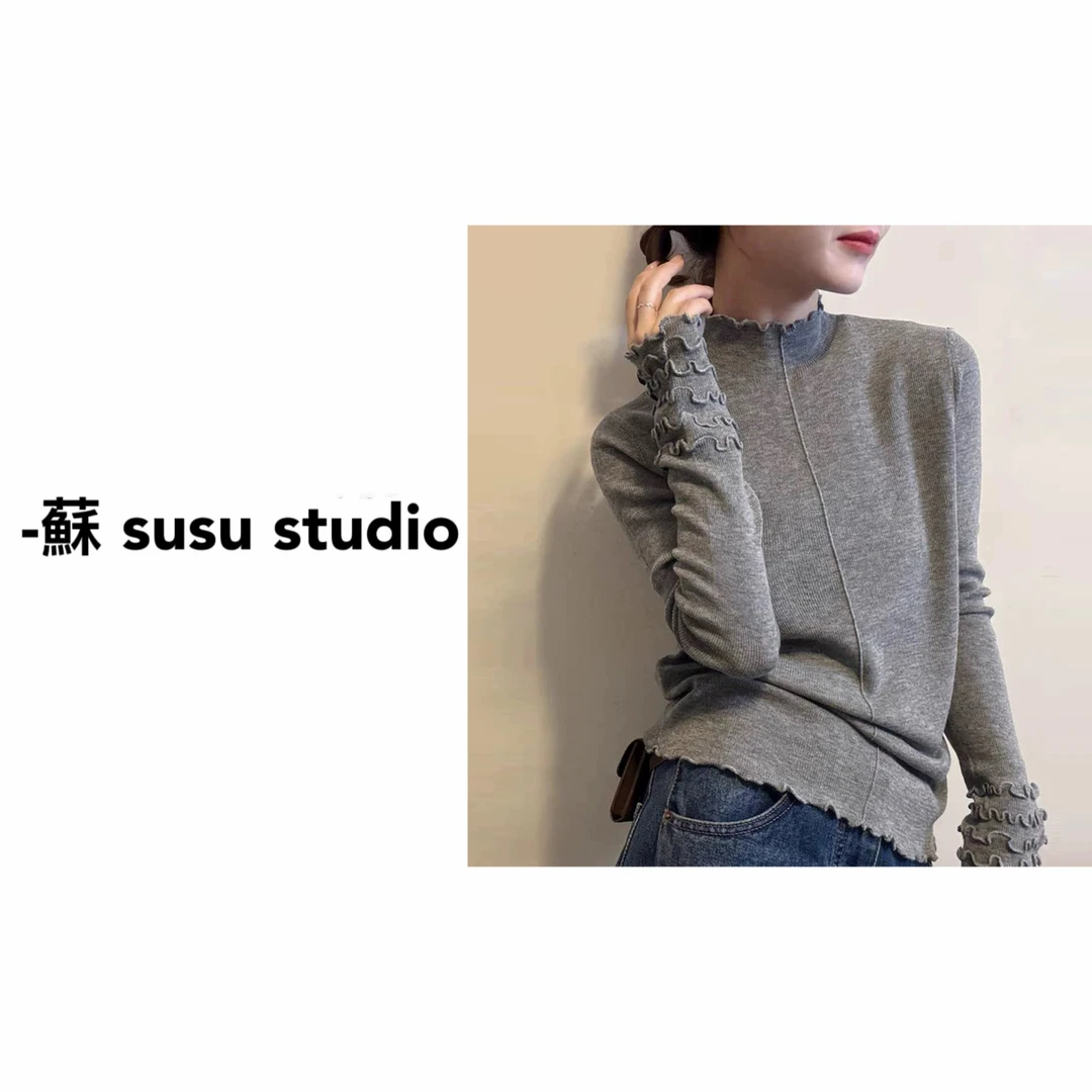 JS半高领针织打底衫秋冬修身时尚百搭花边毛衣打底衫女1105