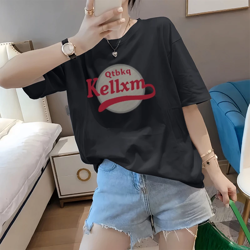 女2025新款爆款灰色百搭夏季中长款简约印花潮流时尚纯棉短袖上衣