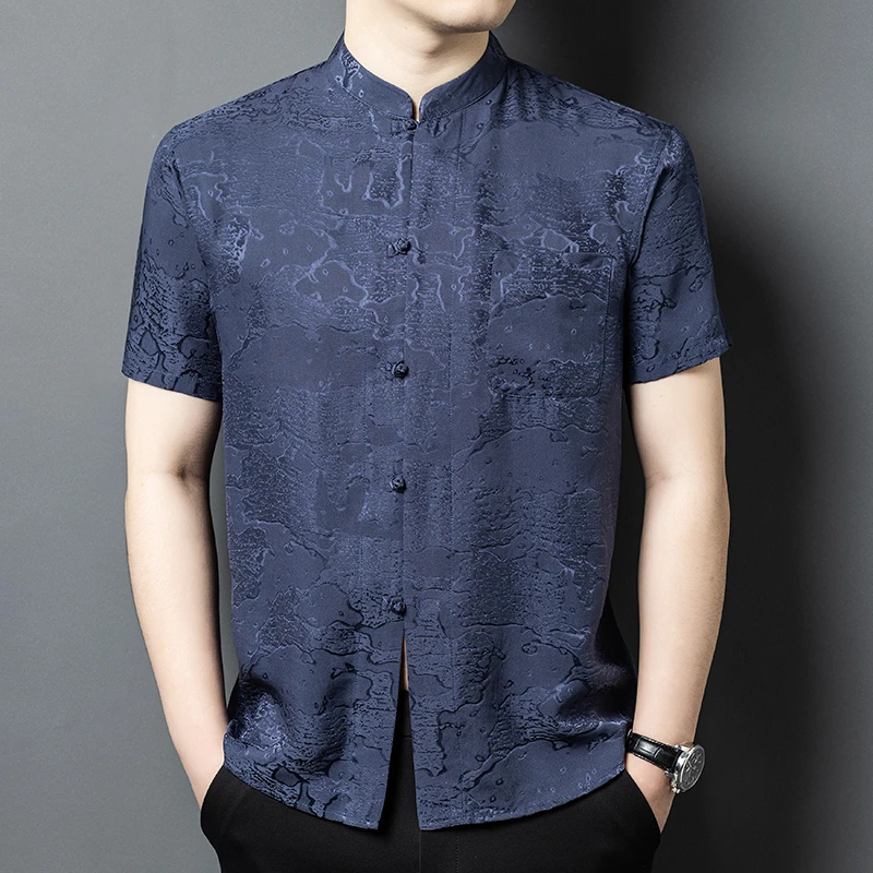 真丝桑蚕丝100%唐装男士中老年夏季爸爸款中国风短袖薄款丝绸新款