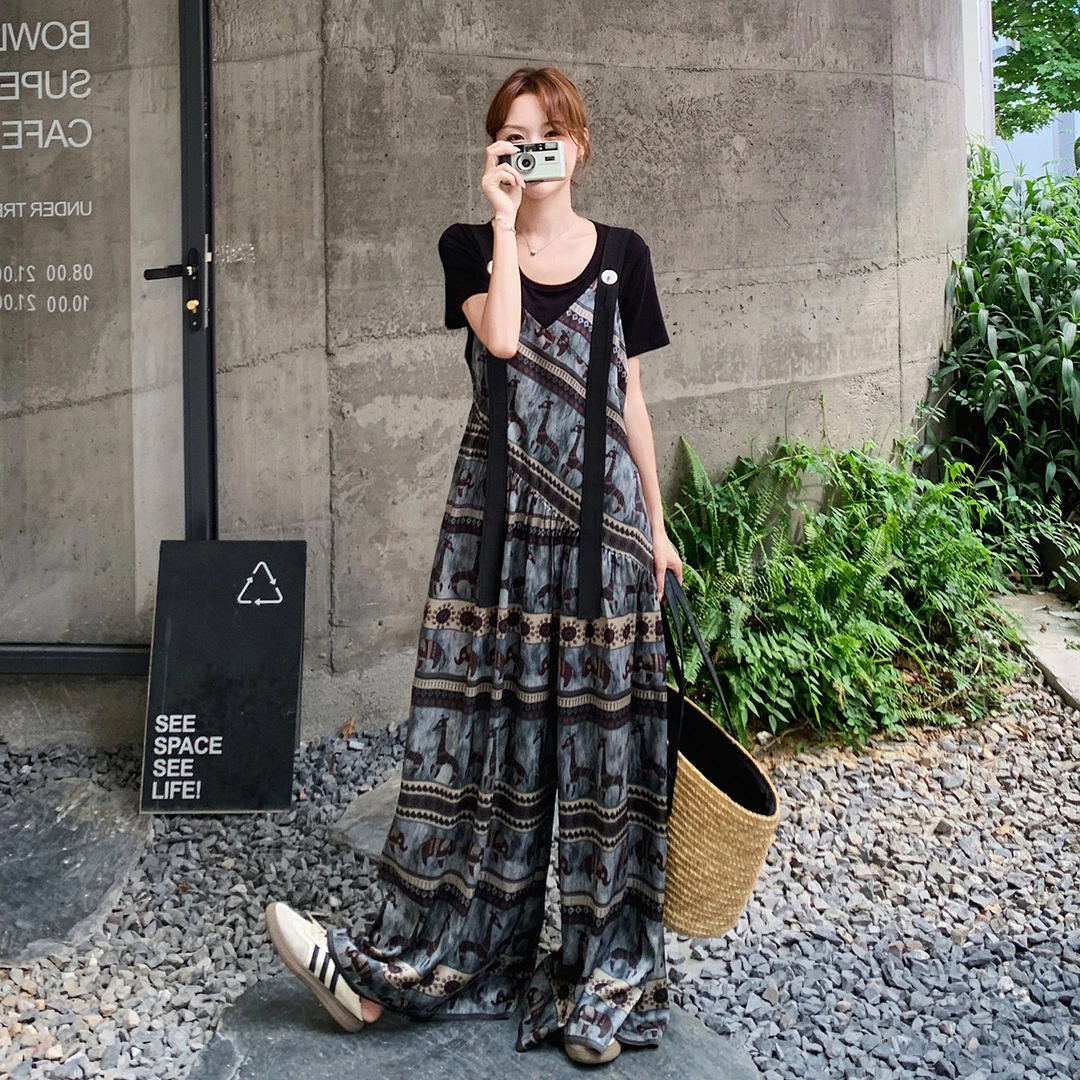 韩系复古印花背带裤套装女2025年夏季新款黑色简约百搭短袖两件套