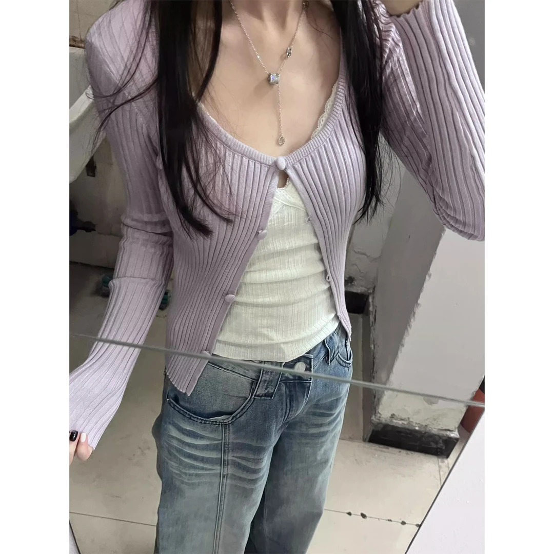 2025秋冬新款紫色低圆领针织开衫女松弛慵懒感外搭披肩上衣小外套