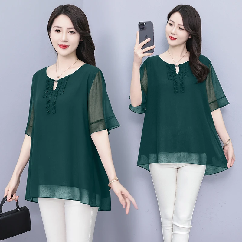 加肥加大码短袖雪纺衫女夏季宽松中年妈妈胖MM遮肚子短款显瘦上衣