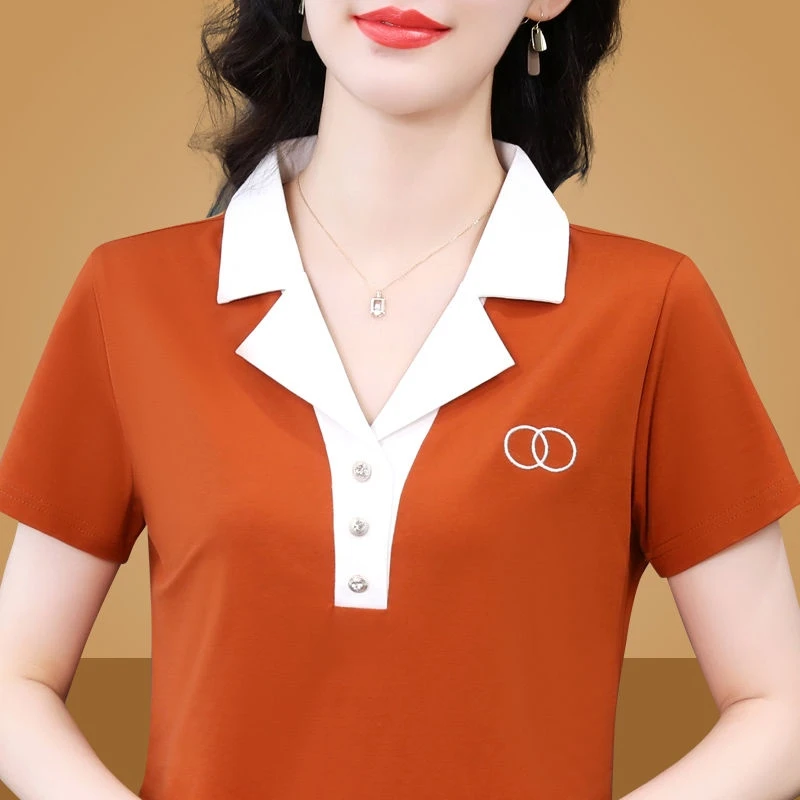 A20桔色夏款短袖t恤女别致小衫中年妈妈宽松半袖翻领上衣女薄款