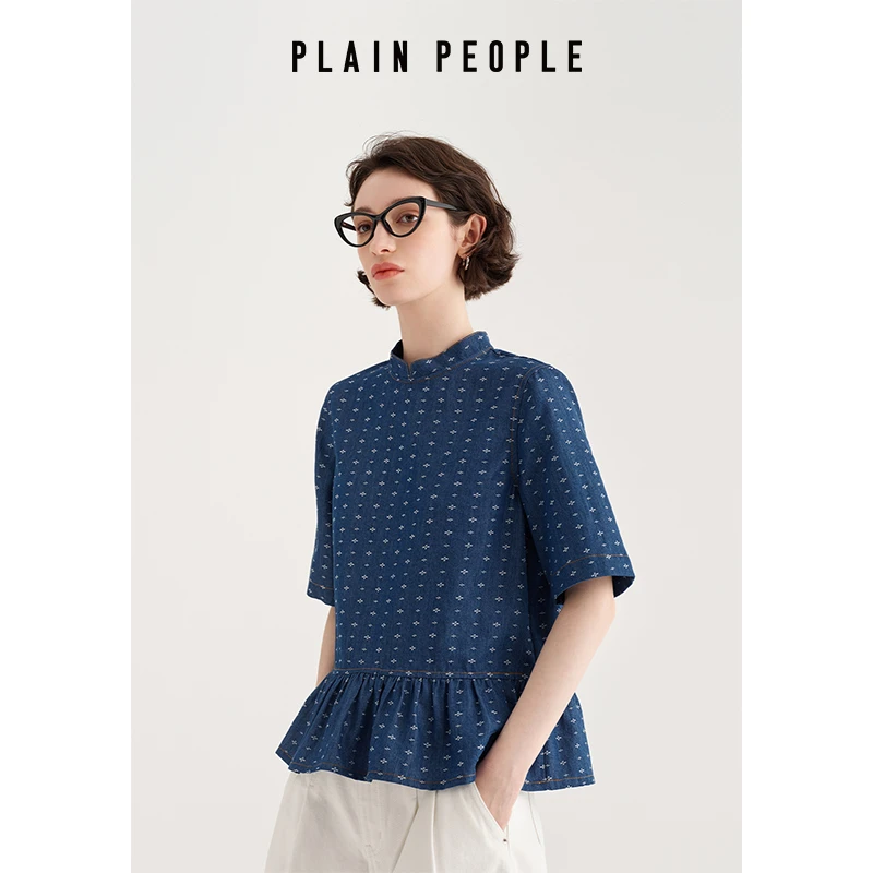 PLAIN PEOPLE丹宁牛仔提花小立领荷叶边拼接上衣女蓝色2025夏新款