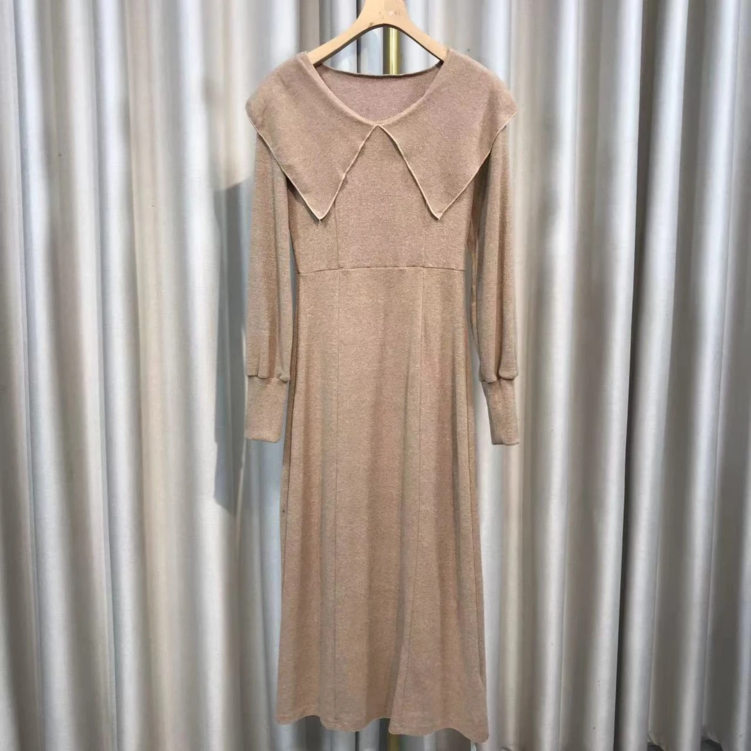 M3703春秋2025新款气质淑女温柔大领子针织连衣裙