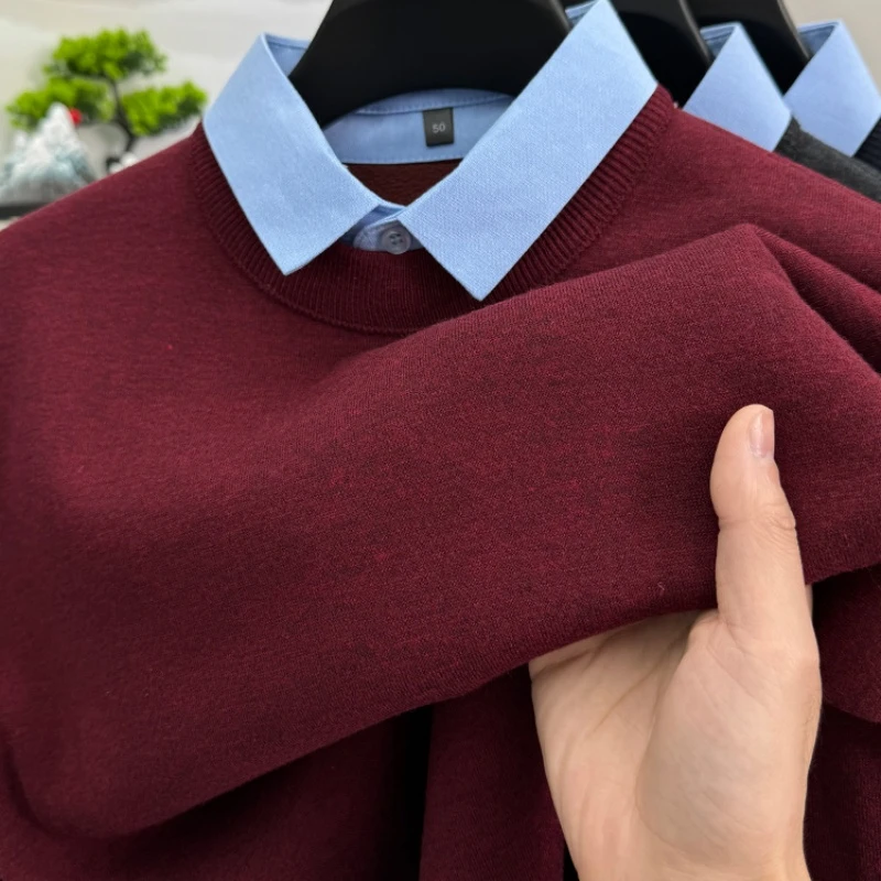 CATIA SELI冬季衬衫领假两件毛衣男士加绒加厚套头保暖针织打底衫