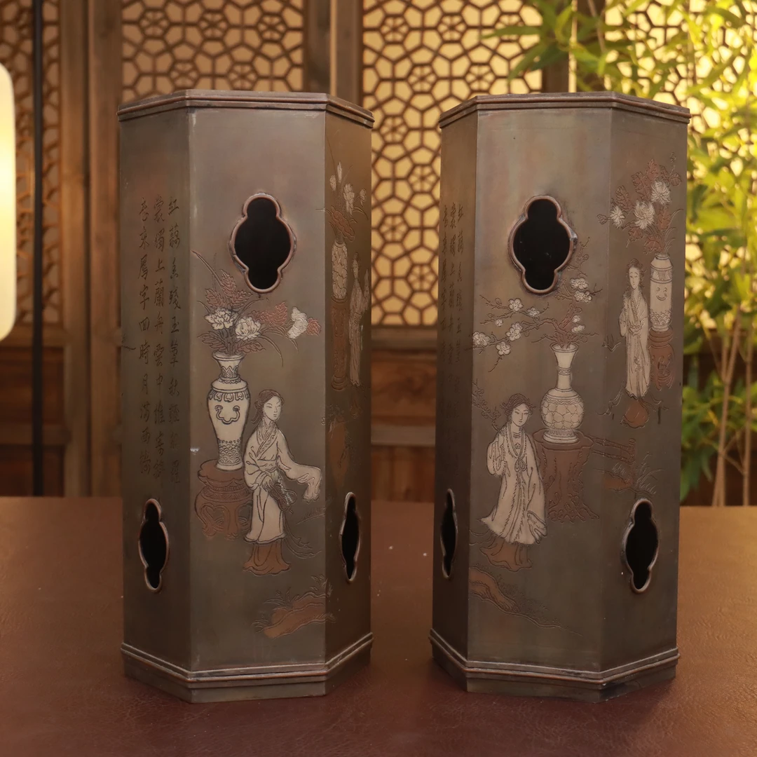 【清】铜开窗嵌银仕女图帽桶一对（口径11cm高28cm重1970g）