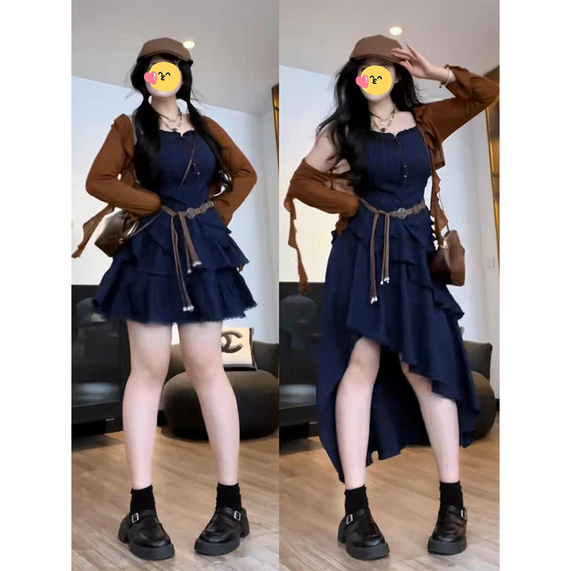 大码法式连衣裙女2025新款秋季胖MM显瘦遮肚吊带裙子防晒开衫套装