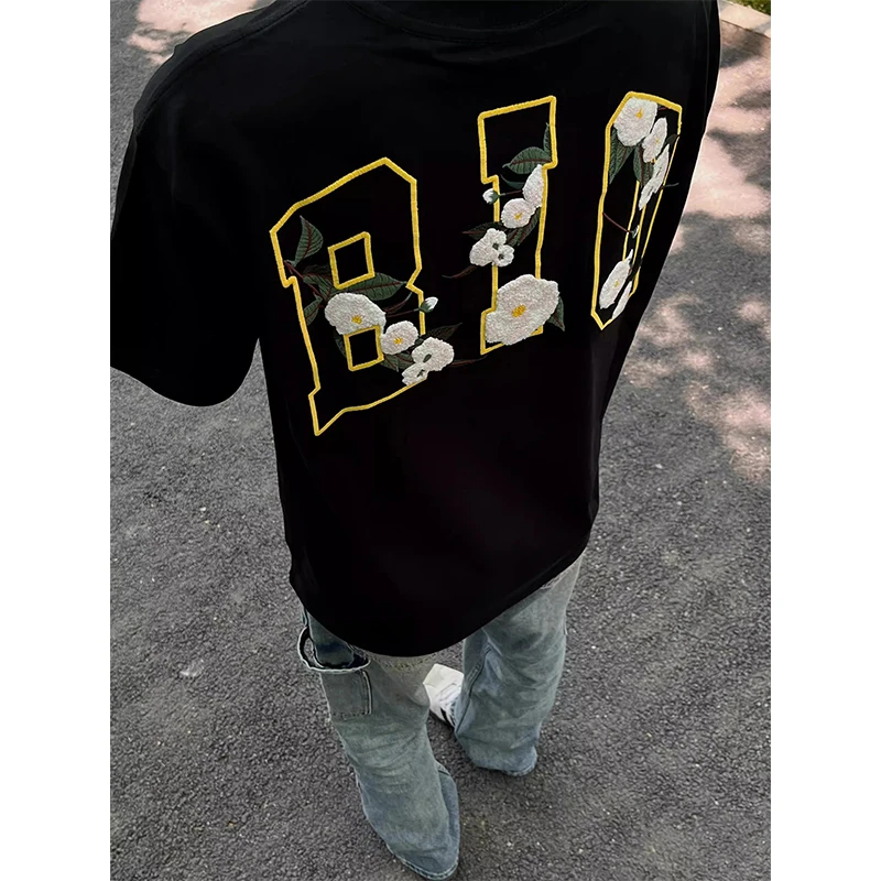 美式复古山茶花语毛巾刺绣短袖T恤男春夏重磅欧若风潮牌半袖上衣