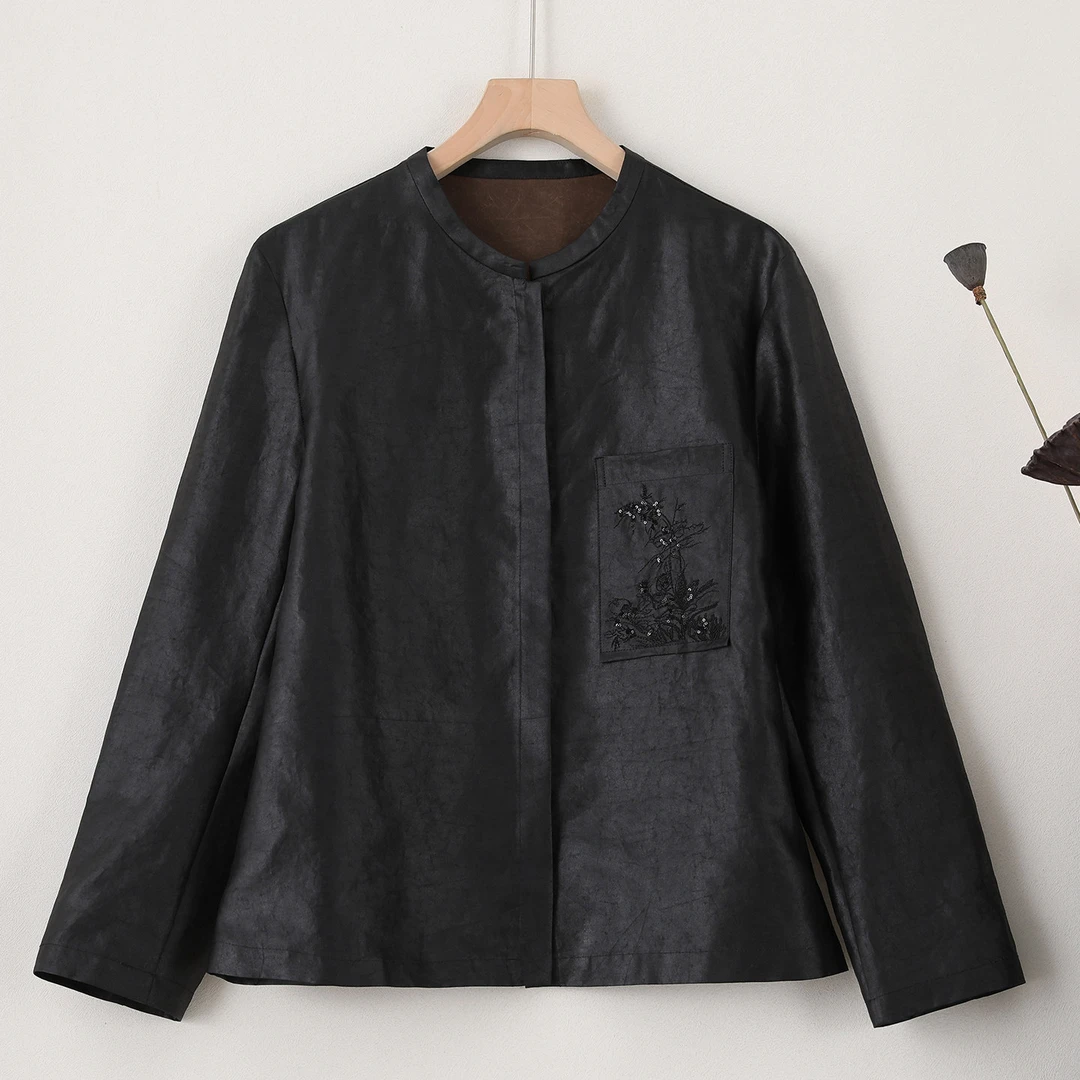 LANZIBES/蓝之蓓新中式香云纱长袖外套女圆领刺绣百搭开衫C10986