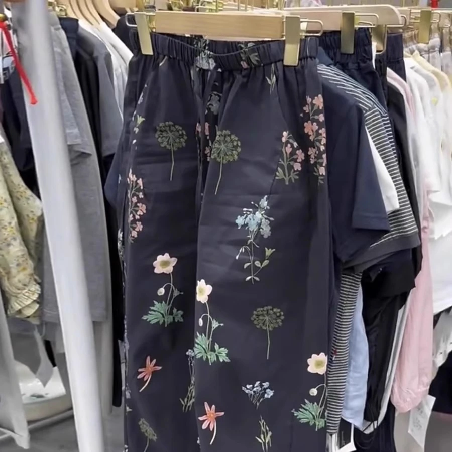2025夏季薄款百搭碎花直筒休闲裤大码女装印花九分高腰显瘦阔腿裤