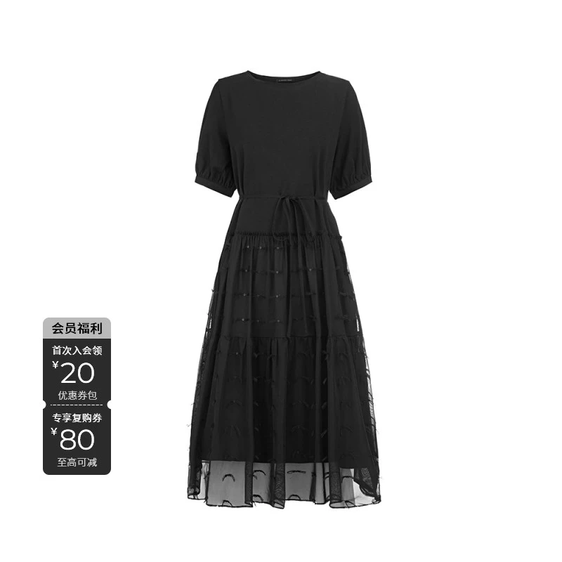 S·DEER圣迪奥夏季新款优雅黑色裙子收腰显瘦女士连衣裙S252Z1219