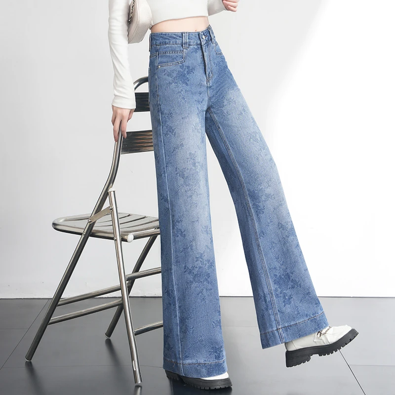 时髦浅色印花筒喇牛仔裤女2025春夏高腰流行新款宽松直筒休闲长裤