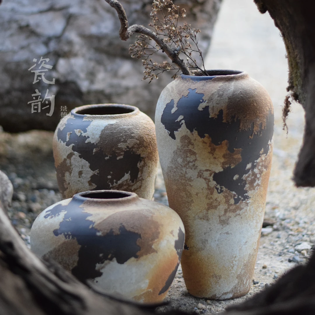 瓷韵 景德镇花盆复古陶瓷日式禅意粗陶花瓶侘寂庭院客厅装饰做旧
