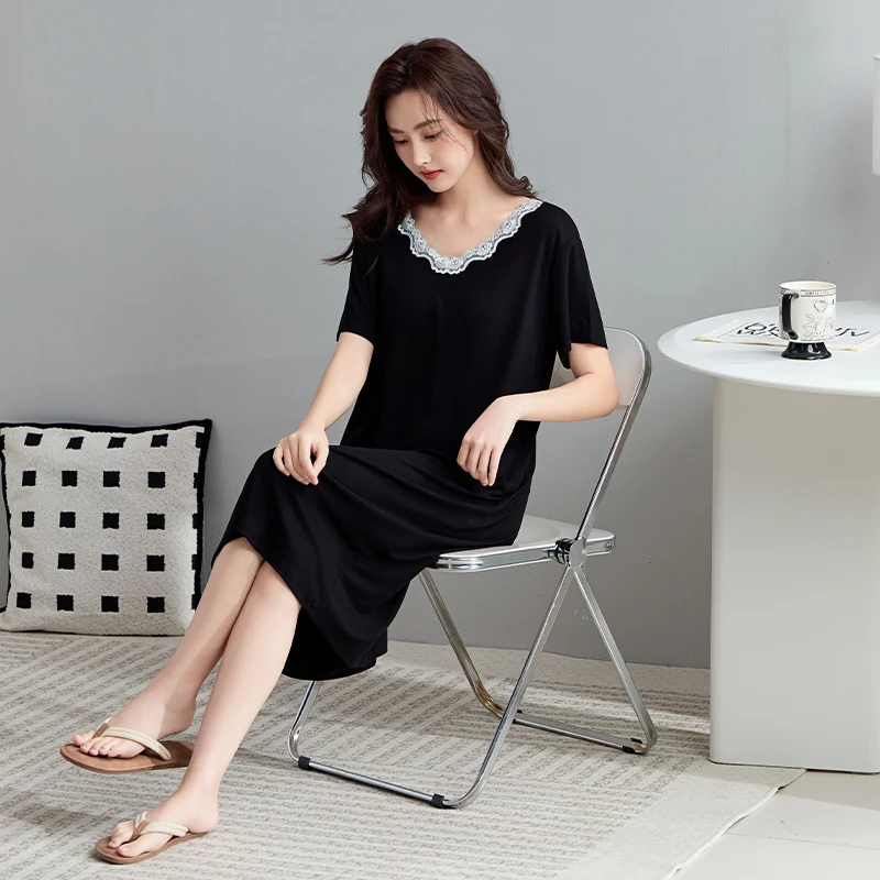 带胸垫睡裙女莫代尔棉2025年新款春夏季简约蕾丝花边可外穿家居服