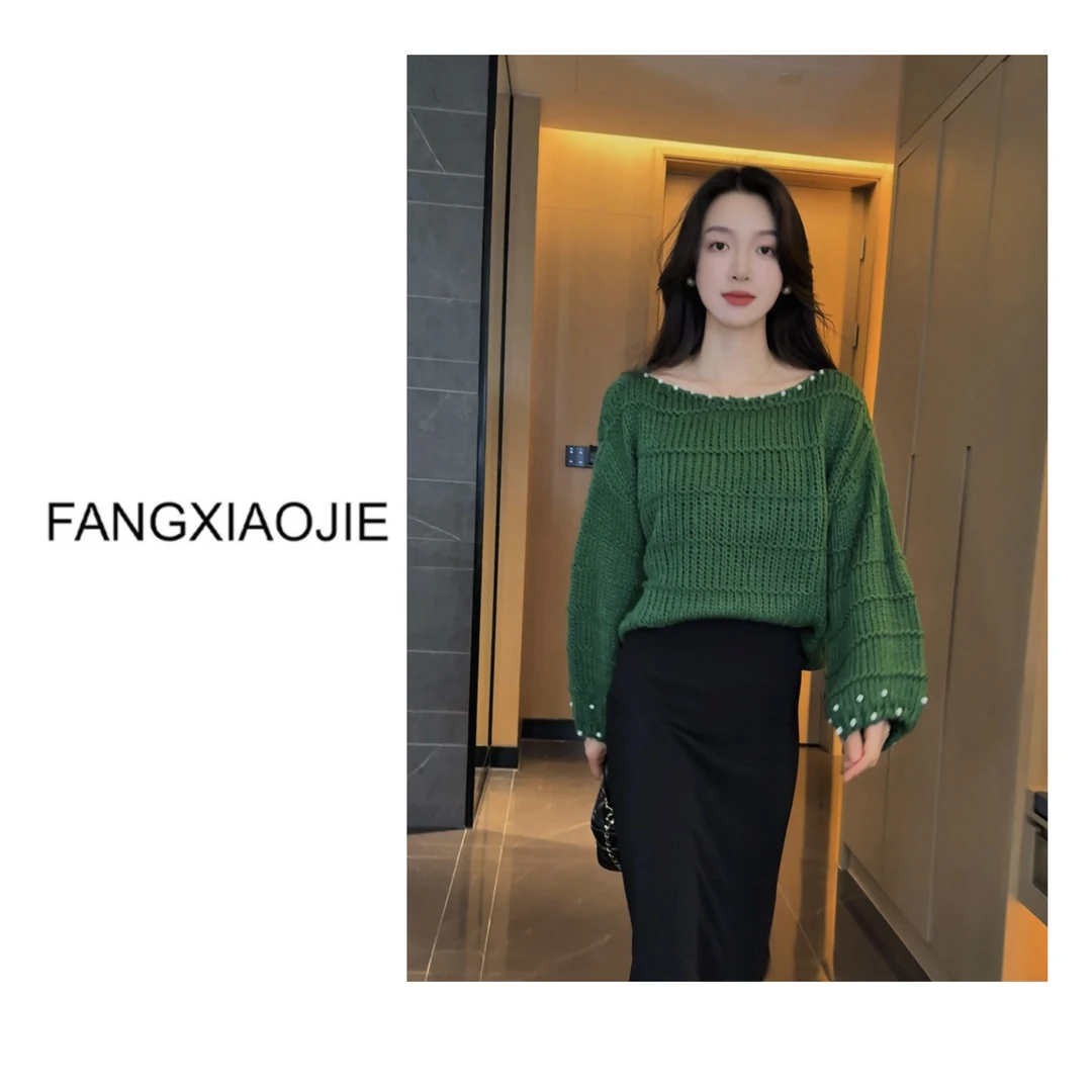 春款韩系镂空圆领针织衫镶珠珠设计简约针织衫百搭一字领套头小衫