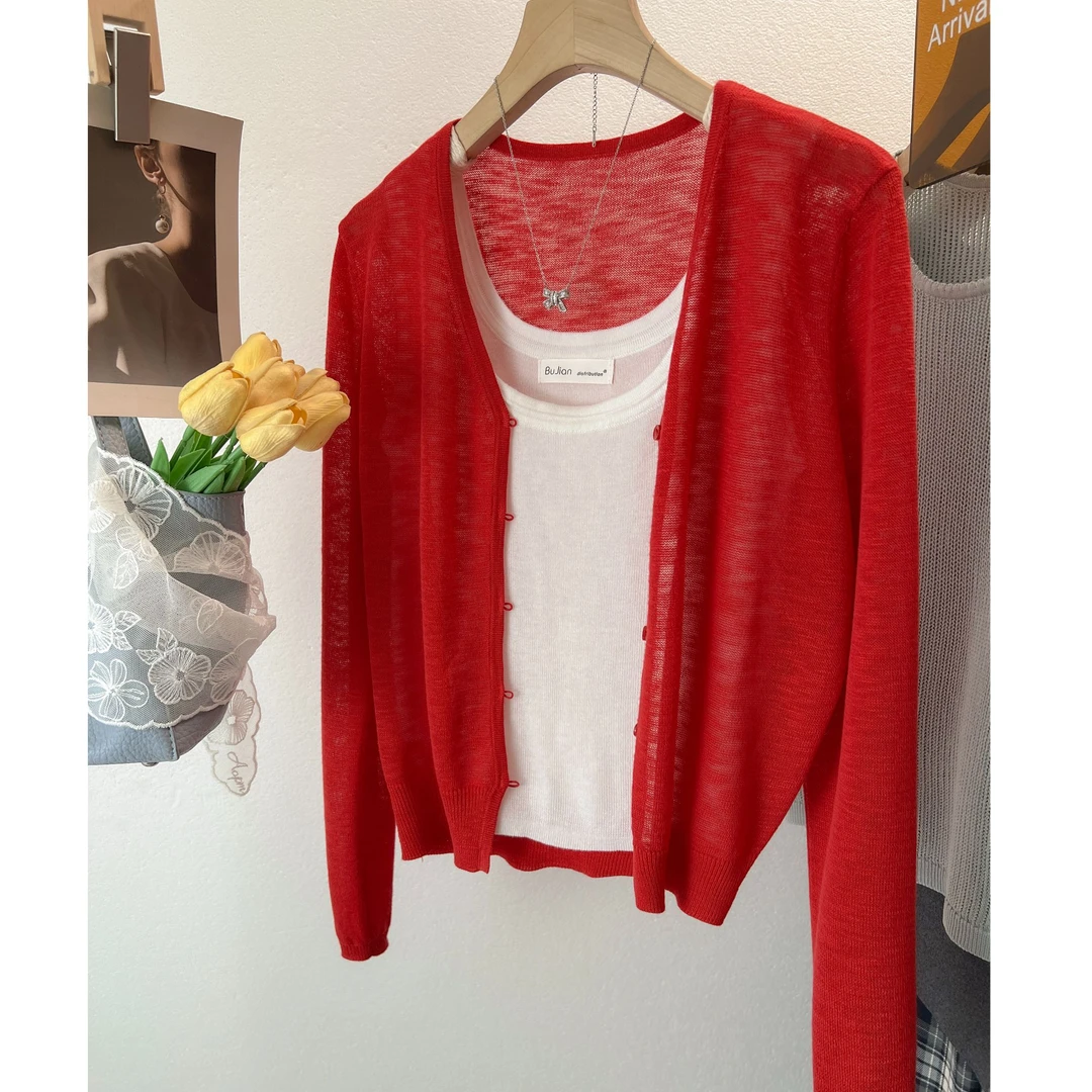 冰丝红色针织防晒开衫女2025夏季休闲薄款宽松高级感外搭空调罩衫