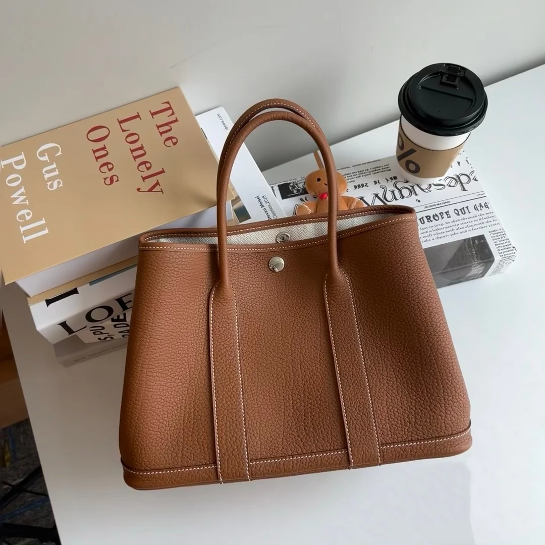 99新 Hermes/爱马仕 花园30金棕银扣tc皮Q手提包