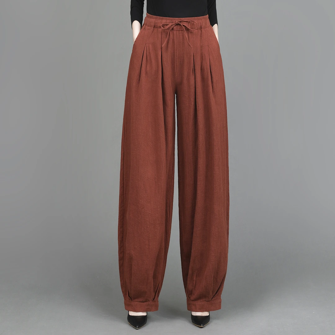 2025秋季新款灯笼裤女复古竺麻砂洗长裤松紧腰系带百搭棉麻休闲裤
