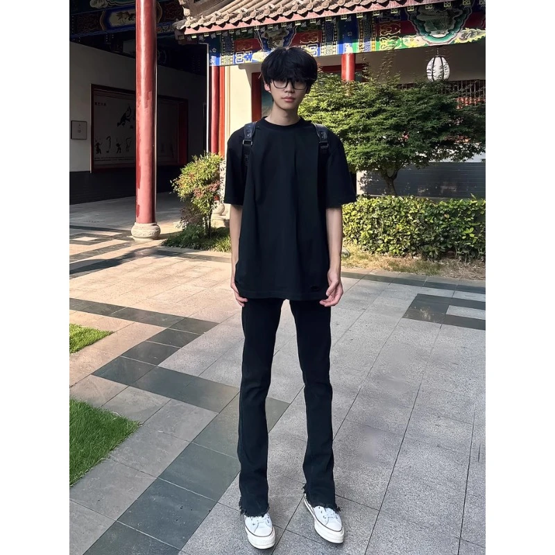 黑色窄版毛边微喇牛仔裤男款潮牌美式高街vibe裤子修身显瘦直筒裤