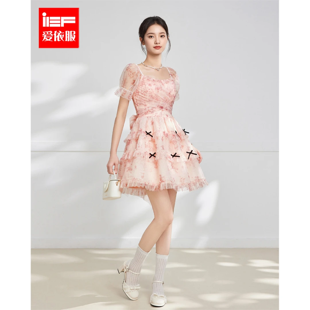 IEF/爱依服连衣裙夏女2025新款甜美公主风绝美小裙子网纱拼接中裙