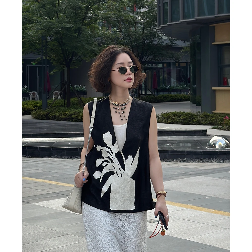 Y【叭哒不惑】行云 桑蚕丝香云纱定位拉浆印花中式马甲女V领上衣
